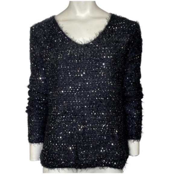 Nuage Lace Up Back Scoop Neck Sparkle Sweater Black Silver Size Small NWT - Picture 2 of 2